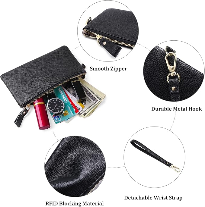 GOIACII Women's Wristlet Clutch Slim Leather Wallet RFID Blocking Handbag