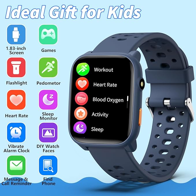Smart Watch for Kids with 12 Puzzle Games, 1.83" Fitness Tracker Watch Heart Rate Sleep Monitor, Pedometer, Alarm Clock, Flashlight, Gift for 6-12 Year Old Boys Girls