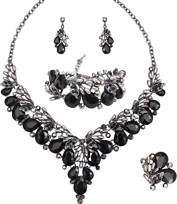 Jewelry Set for Women, Statement Necklace Dangle Earrings Bracelet Ring, White/KC Gold Plated Jewelry Set with Rhinestone Pearl Crystal Wedding Party Jewelry for Bridal Bridesmaid