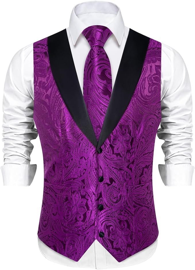DiBanGu Mens Paisley Suit Vest Silk Jacquard Waistcoat and Necktie Set Formal Shawl Collar Dress Vest 7PCS for Wedding Party