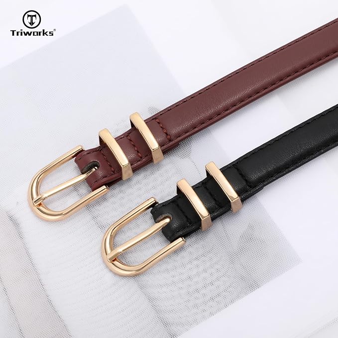2 Pack Women Skinny Leather Belts for Jeans Pants Thin Faux Leather Belt with Gold Buckle