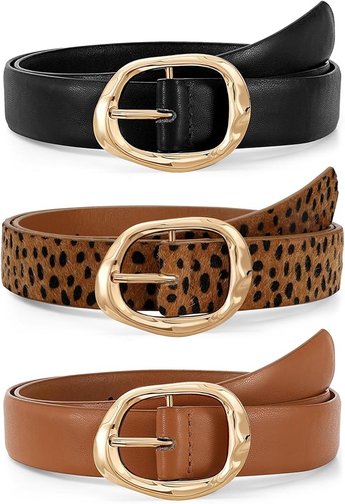 JASGOOD 3 Pack Women Belts for Jeans Pants Ladies Leather Waist Belt Casual Fashion Trend Belt for Women with Gold Buckle