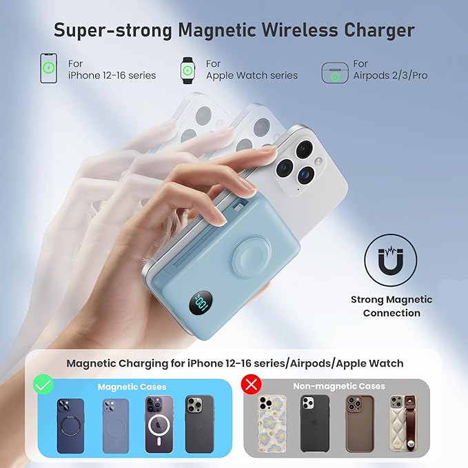 Magnetic Portable Charger for iPhone with Built-in Cables,6-in-1 10800mAh Power Bank with iWatch Charger & LCD Display,25W Fast Charging Battery Pack for iPhone 17/16/15/14/13/12,Apple Watch(Sky Blue)