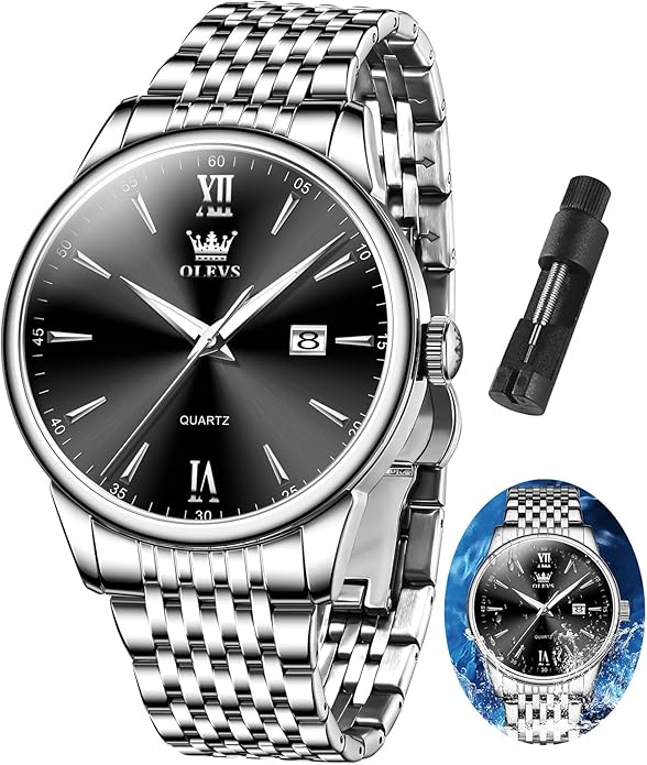 OLEVS Mens Watch Stainless Steel Analog Quartz Watches for Men Day Date Easy Read Diamond Waterproof Dress Luxury Classic Casual Big Face Blue/Black/Gold/Silver Roman Arabic Numerals Men's Wrist Watch
