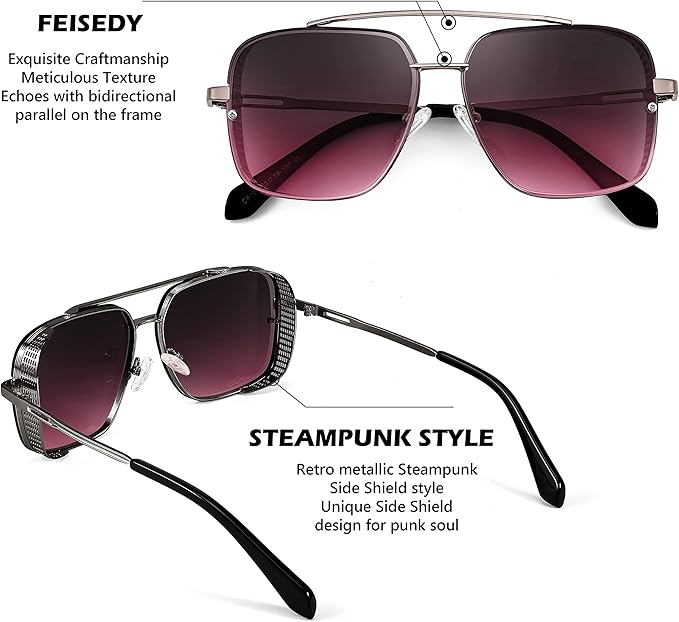 FEISEDY Sunglasses Mens Women Vintage Pilot Square Trendy Metal Steampunk Fishing Driving Sun Glasses B2894