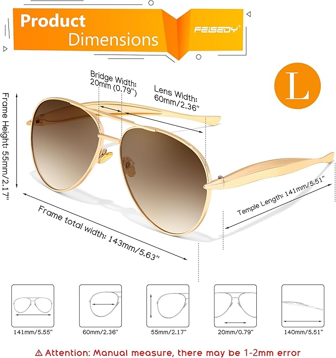 FEISEDY Oversized Aviator Sunglasses Women Men - Retro Gold Metal Chunky Frame, UV400 for Driving & Daily Wear B0311