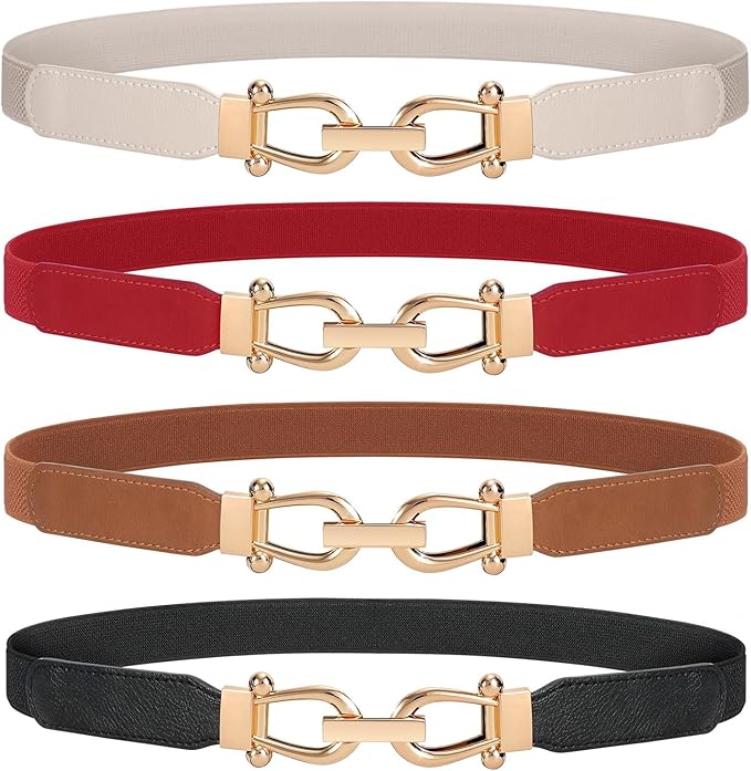WERFORU Women Skinny Belt for Dresses Retro Stretch Waist Belt with Gold Buckle Set of 4