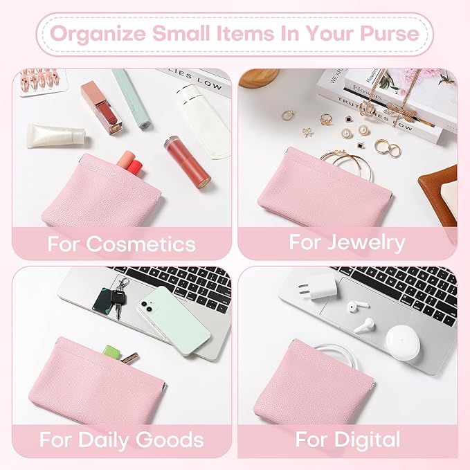 Sightor Leather Pocket Cosmetic Bag for Purse, 2 Pack Small Makeup Bag for Women Coin Purse Lipstick Cosmetic Accessories Organizer Travel Cosmetic Pouch (Pink)