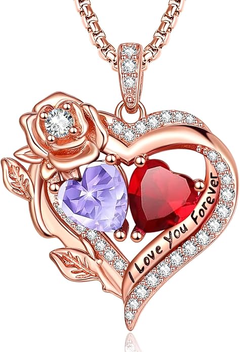 Rose Heart Necklaces for Women, Rose Gold Forever Love Jewelry with 2 Birthstones Pendant, Christmas Anniversarry Birthday Gifts for Her Wife Mom Grandma, 18+2 Inch Chain