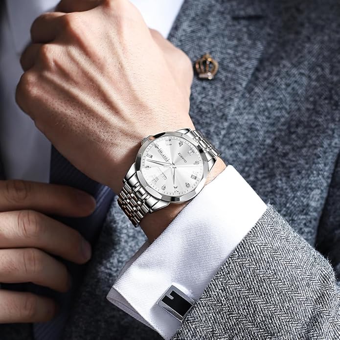 Men's Casual Stainless Steel Watch, Big Face Easy to Read Analog Quartz Watch with Day and Date, Classic Waterproof Diamond Roman Arabic Numerals Dial Dress Watch for Men, Gold Silver Black Band