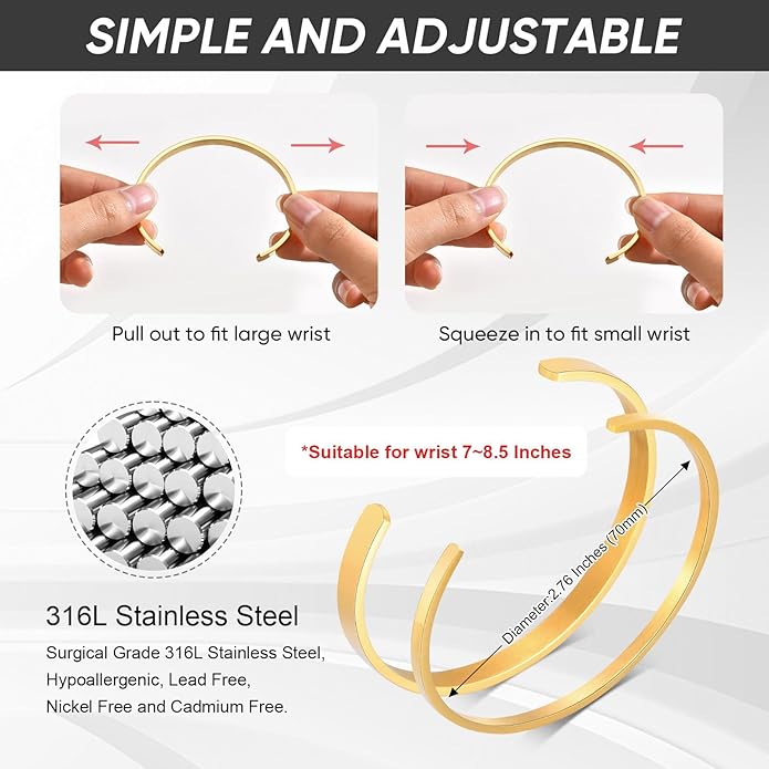MEALGUET Stainless Steel Mens Cuff Bracelet : Minimal Cool Silver/Black/Gold Plated Open Metal Cuff Bangle Bracelets for Men,Mens Bracelet Jewelry Gift