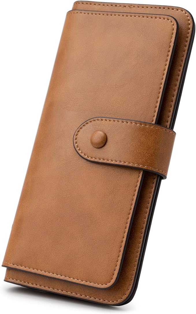 RFID Blocking Leather Wallet for Women, Slim Trifold with 14 Card Slots and Zipper Pocket (Brown)