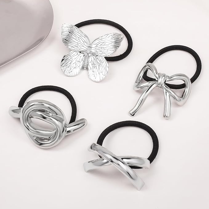 Hair Ties for Women, Sliver Metal Hair Cuffs Hair Accessories Elastic Hair Ties Ponytail Cuff Hair Bands for Both Thick Hair and Thin Hair