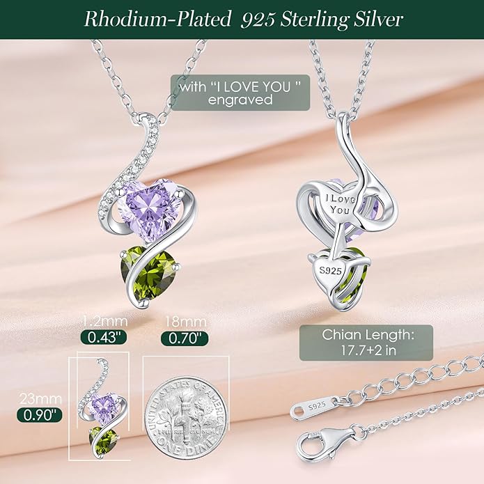 LOUISA SECRET Unique Double Heart Necklace Gifts for Wife Women, 925 Sterling Silver Tiny Birthstone Pendant Jewelry Gift for Her Girlfriend Mom Valentine's Day Anniversary Mother's Day Birthdays & Christmas