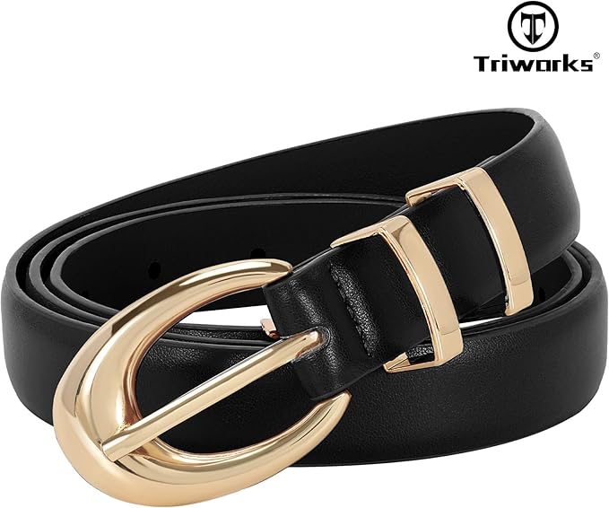 TRIWORKS Women Leather Belt for Jeans Pants Fashion Ladies Skinny Faux Leather Dress belt with Gold Buckle