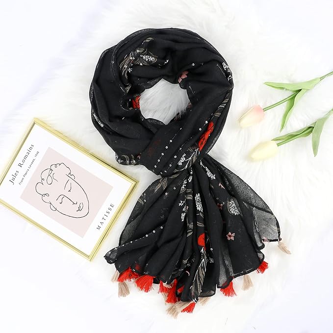 Yeieeo Boho Scarf for Women Lightweight Floral Printed Scarf Fall Winter Fashion Fringed Shawl