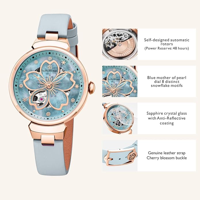 Women Watches Cherry Blossom Women's Watch Mother of Pearl Dial Ladies Watch with Leather Strap Sakura Petal Shape Cherry Blossom Watches for Women Sapphire Crystal Glass for Durability and Clarity