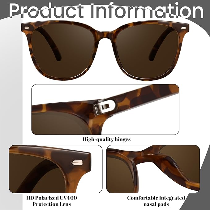 Retro Polarized Sunglasses for Women Men Big Frame Vintage Style Trendy Shade UV400 Protection Lens Sun Glasses