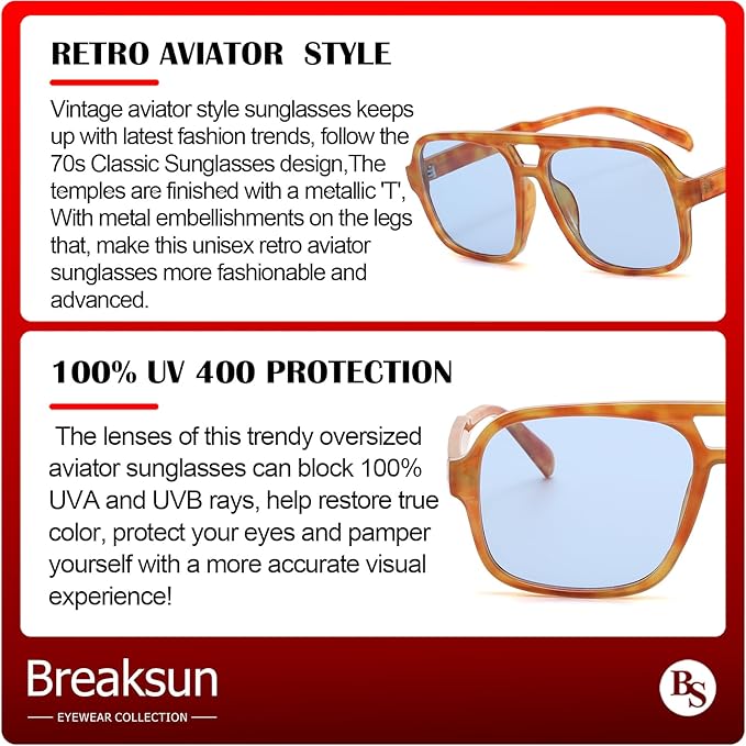 Retro Aviator Sunglasses for Women Men Trendy Classic 70s Square Aviator Sun Glasses Vintage Shades