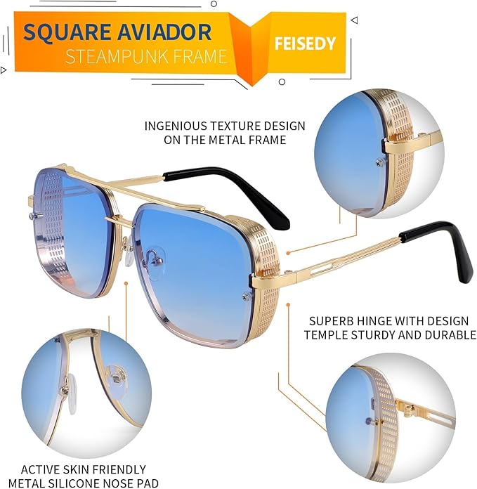 FEISEDY Sunglasses Mens Women Vintage Pilot Square Trendy Metal Steampunk Fishing Driving Sun Glasses B2894