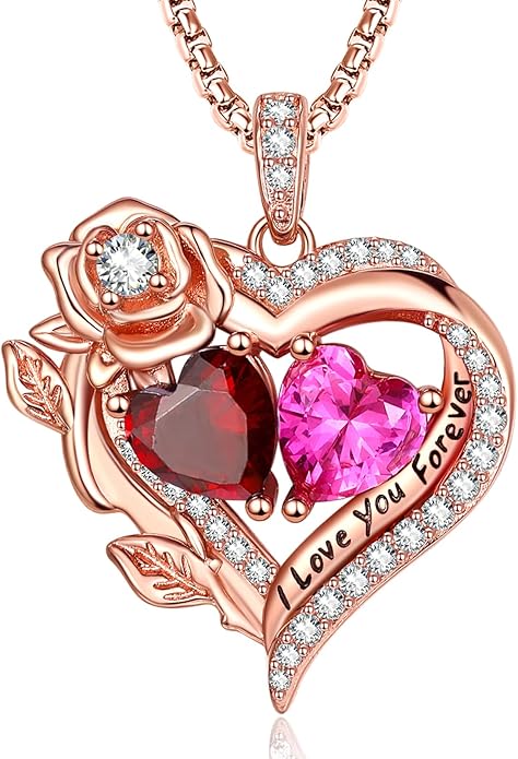 Rose Heart Necklaces for Women, Rose Gold Forever Love Jewelry with 2 Birthstones Pendant, Christmas Anniversarry Birthday Gifts for Her Wife Mom Grandma, 18+2 Inch Chain