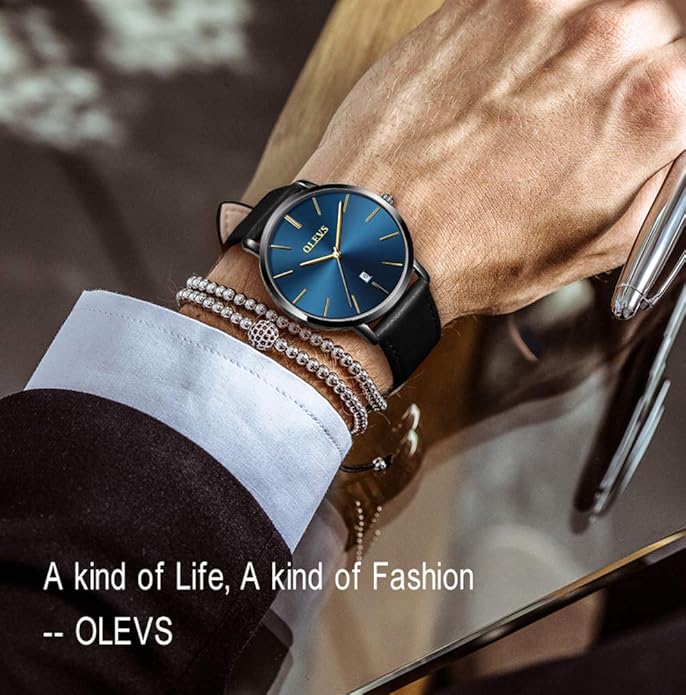 OLEVS Mens Watches Minimalist Ultra Thin Fashion Casual Analog Quartz Date Watch Waterproof Slim Simple Big Face Dress Wrist Watch Leather Band for Men