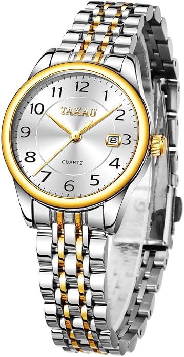 Gold Silver Two Tone Women Stainless Steel Watch Small Wrist ElegantDress Watch for Women Fashion Luxury Waterproof Day Date Analog Quartz Ladies Watches