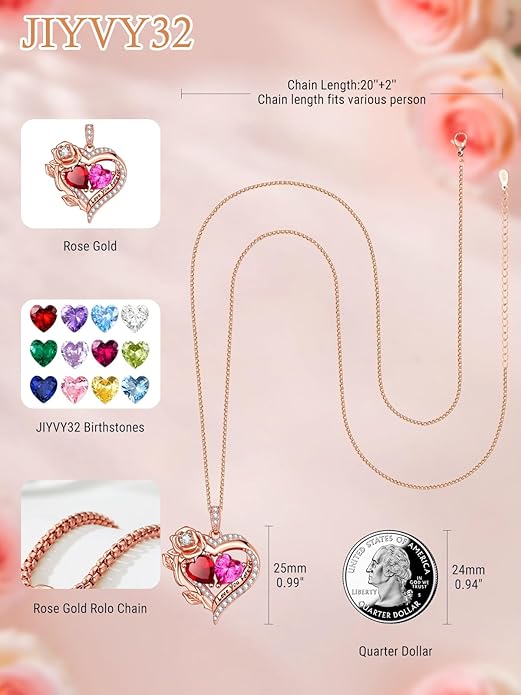 Rose Heart Necklaces for Women, Rose Gold Forever Love Jewelry with 2 Birthstones Pendant, Christmas Anniversarry Birthday Gifts for Her Wife Mom Grandma, 18+2 Inch Chain