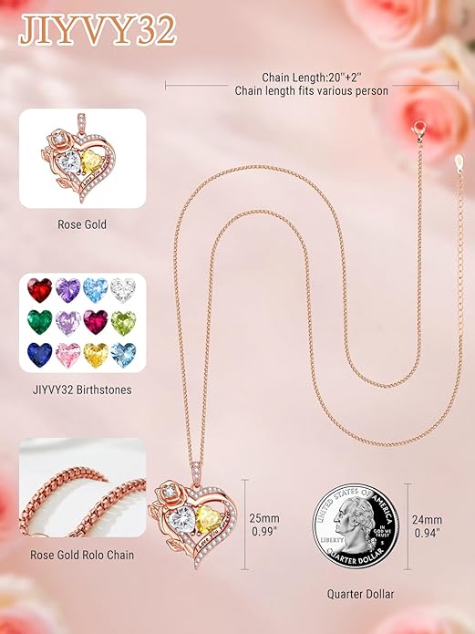 Rose Heart Necklaces for Women, Rose Gold Forever Love Jewelry with 2 Birthstones Pendant, Christmas Anniversarry Birthday Gifts for Her Wife Mom Grandma, 18+2 Inch Chain
