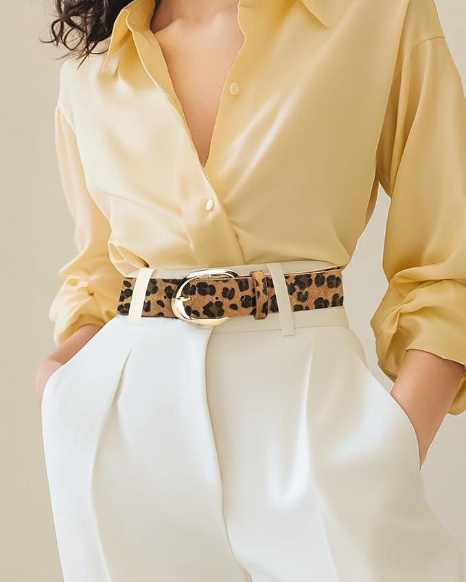 Women’s Leopard Print Leather Belts for Women, Cheetah Print Belt with Gold Buckle, Width 1.46"