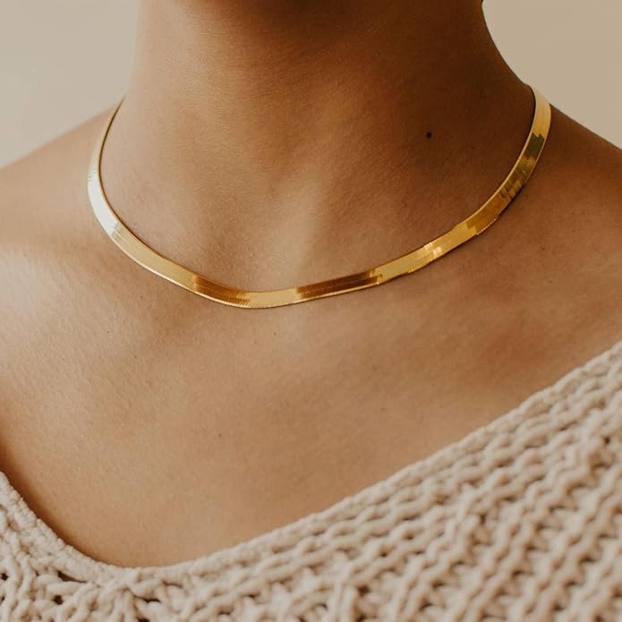 NECOCY 14K Gold Plated Necklaces for Women, Dainty Gold Herringbone Choker Necklace Thin Layered Snake Chain Jewelry for Gifts