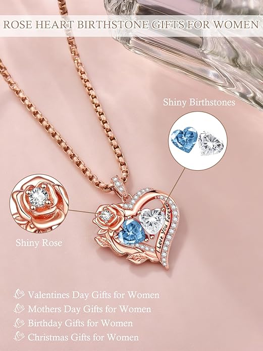Rose Heart Necklaces for Women, Rose Gold Forever Love Jewelry with 2 Birthstones Pendant, Christmas Anniversarry Birthday Gifts for Her Wife Mom Grandma, 18+2 Inch Chain