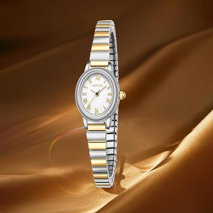 Small Gold Watches for Women,Analog Womens Watch with Stainless Steel Expansion Band,Oval Case Roman Dial,Water Resistant