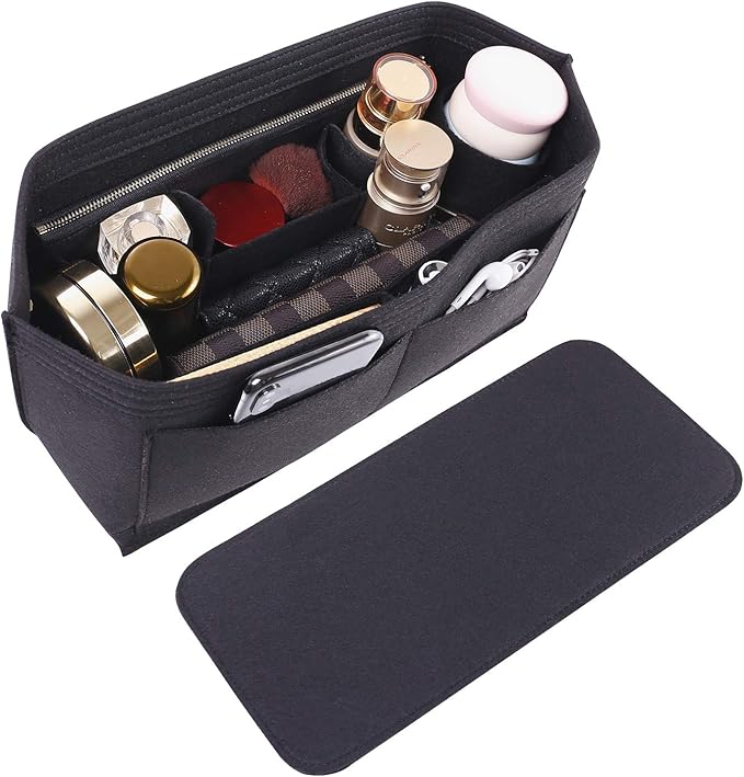 Doxo Purse Organizer Insert Handbag&Tote Large with Zipper Bag in Bag Fit Speedy 35 and Neverfull MM/Saint Louis PM & Base Shaper 2pc Set(Large-Black-Combination)