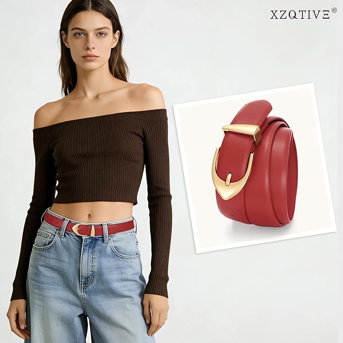 XZQTIVE Women's Leather Belts, Classic Minimalist Design For Jeans Pants Dresses, Black Belt With Gold Buckle