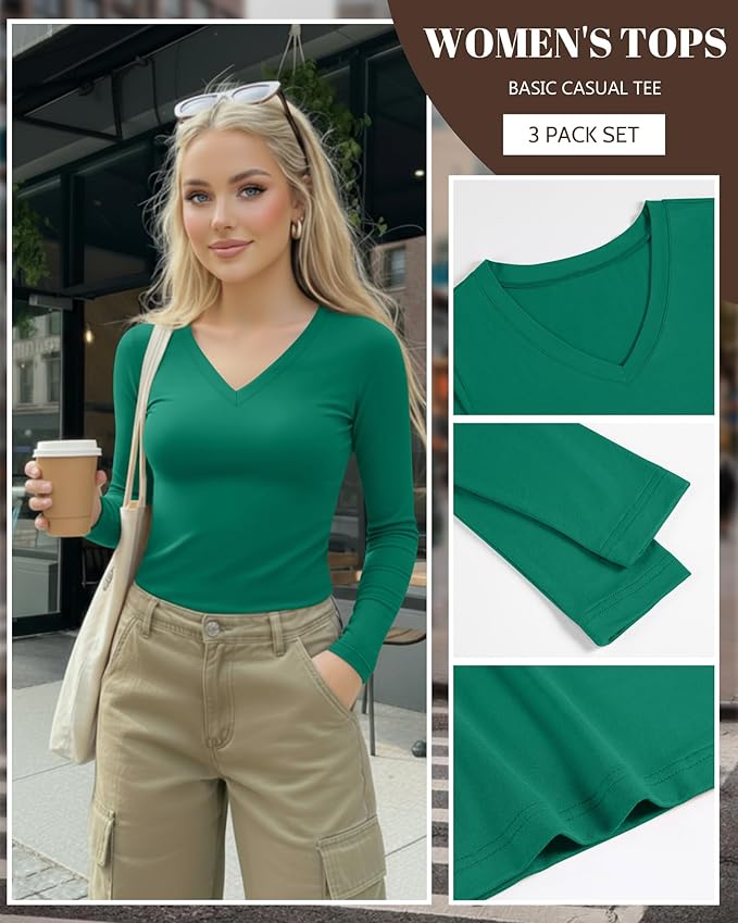 Ficerd 3 Pack Women's Long Sleeve Shirts, V Neck Basic Tees Slim Fitted Casual Fall Tops Going Out Blouses T Shirts