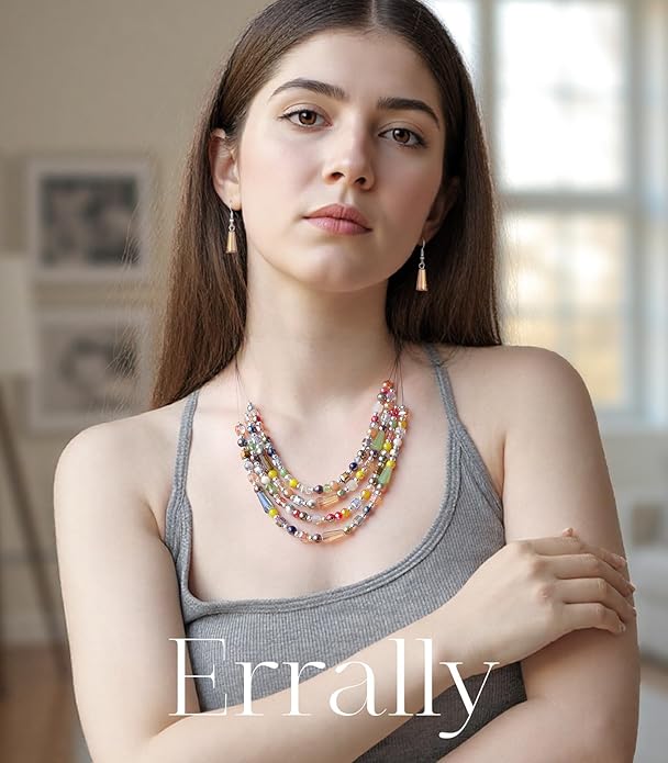 Layered Beaded Statement Necklace Multi Strand Crystal Beads Collar Necklace and Earring Sets for Women Fashion Costume Jewelry Set Gifts for Her