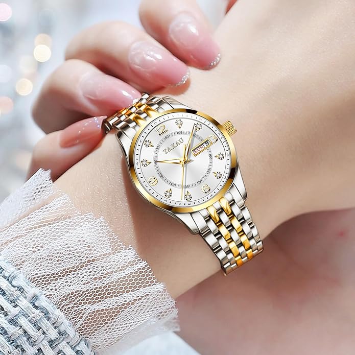 Gold Silver Two Tone Women Stainless Steel Watch Small Wrist ElegantDress Watch for Women Fashion Luxury Waterproof Day Date Analog Quartz Ladies Watches