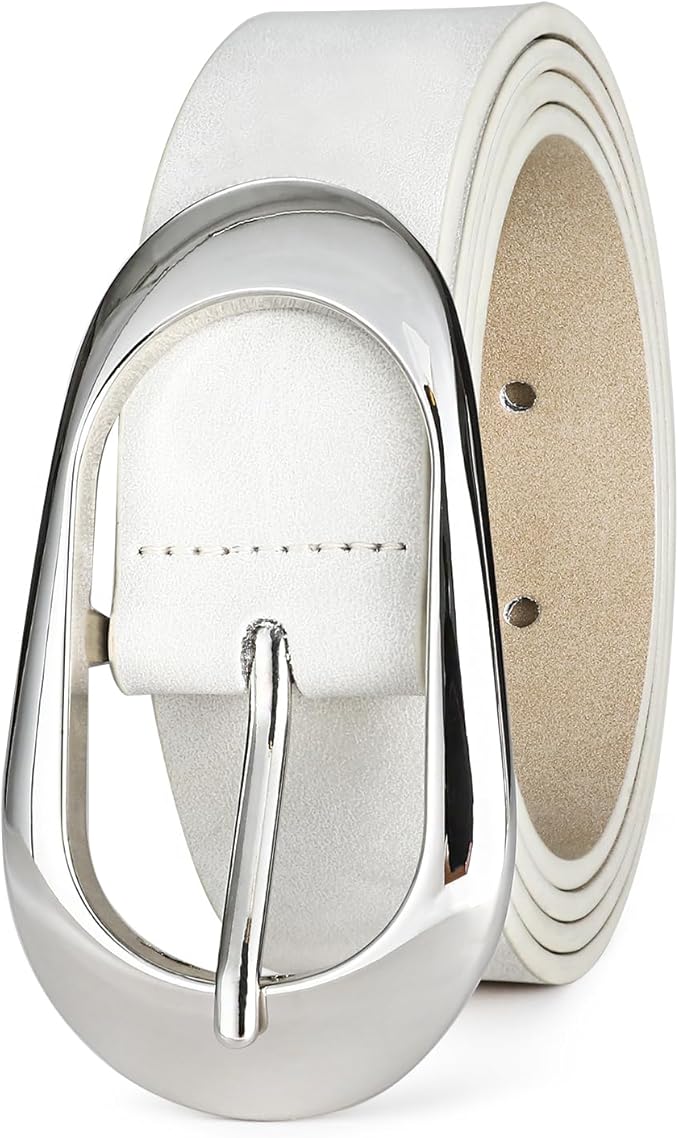 Womens White Belts with Gold Buckle Leather Belts for Women Ladies Fashion Waist Belt