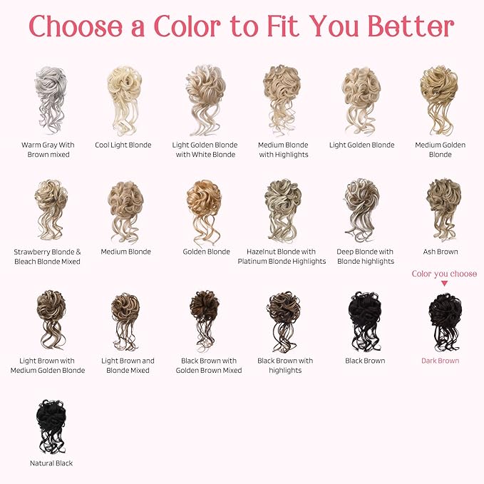 HOOJIH 2PCS Messy Bun Hair Piece, Tousled Updo with Tendrils Hair Bun Extensions Wavy Curly Hair Wrap Ponytail Hairpieces Hair Scrunchies for Women HB010 Dasiy - Dark Brown