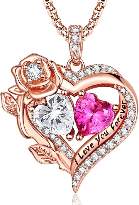 Rose Heart Necklaces for Women, Rose Gold Forever Love Jewelry with 2 Birthstones Pendant, Christmas Anniversarry Birthday Gifts for Her Wife Mom Grandma, 18+2 Inch Chain