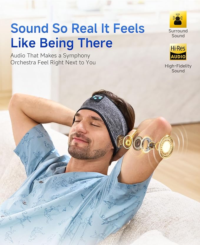 Perytong Sleep Headband Headphones Bluetooth 5.4, Sleeping Headphones Wireless for Side Sleepers, Over-Ear Headphones with HD Stereo Speakers, Sports Headband Eye Mask for Sleeping Yoga Workout