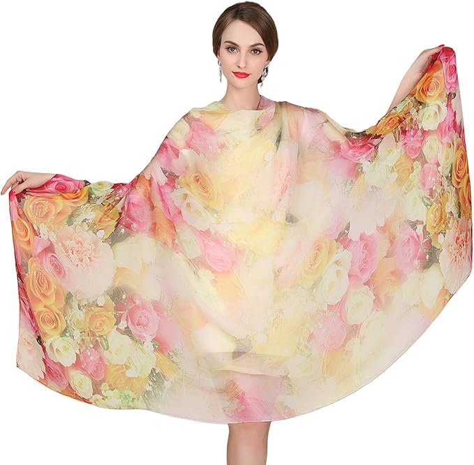 100% Mulberry Silk Women's Neck Silk Scarf-Lightweight Shawl,FLoral Print Beach Silk Wrap-Scarves for Photography