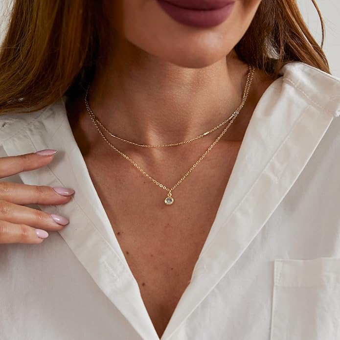 MIDEEO Christmas Gifts for Grandkids CZ Diamond Necklace for Women Dainty Layered Cubic Zirconia Solitaire Pendant Necklace Gold Plated Waterdrop Shape Square Emerald Green CZ Simulated Diamond Bridesmaid Necklace