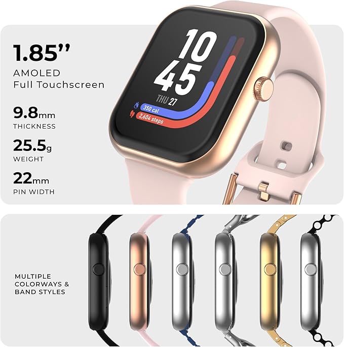 iTouch AIR 5 Smartwatch – 1.85” AMOLED Display, Bluetooth Calling, 100+ Sport Modes, Heart Rate, SPO₂, Stress & Sleep Monitoring, IP68 - Android & iOS (Rose Gold Case w/Blush Silicone Band)