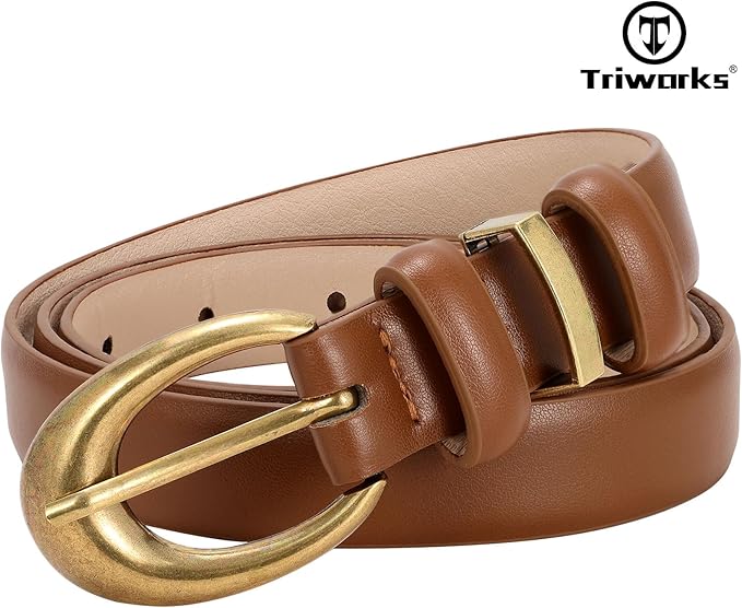 TRIWORKS Women Leather Belt for Jeans Pants Fashion Ladies Skinny Faux Leather Dress belt with Gold Buckle