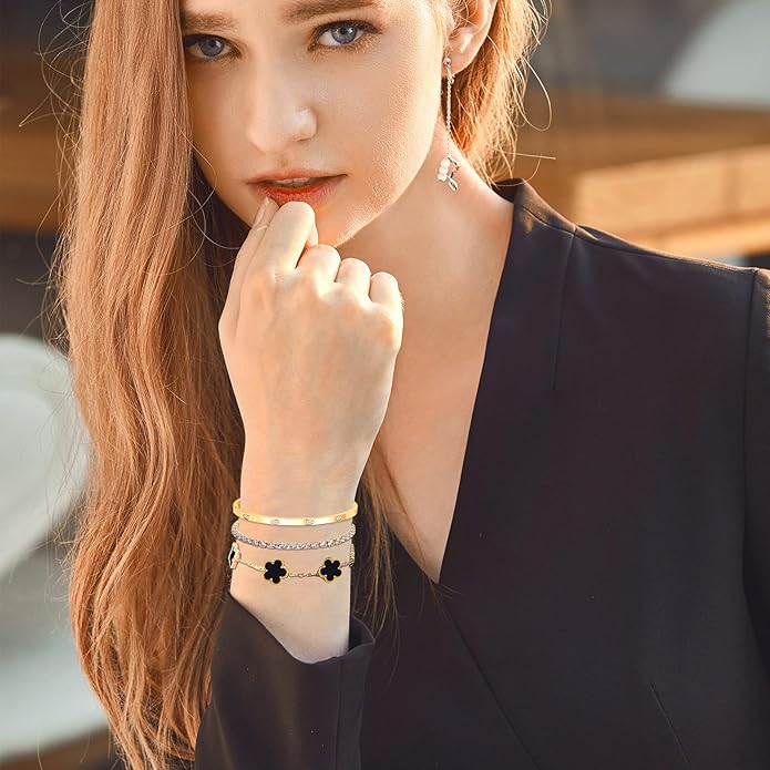 Gold Bracelets for Women-4Pcs/3Pcs,18K Gold Plated Bangle Tennis Bracelets Stack Set for Women Trendy Non Tarnish Stainless Steel Gold Bangles Accessories Designer Jewelry