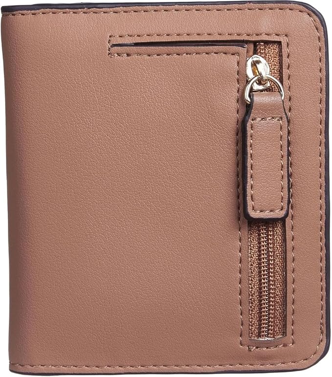 Genuine Leather Wallet for Women Slim Bifold RFID Blocking Secure with Zipper Closure and ID Window (Brown)