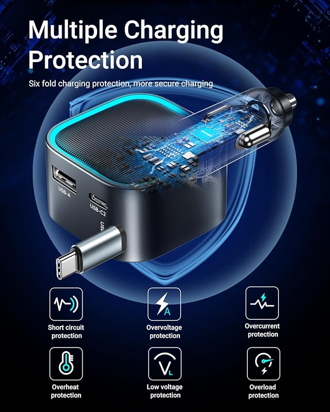 Retractable Car Charger USB-C,Rocoren 57W 3-in-1 Type C Fast Car Charging [Ultra-Compact Mini] with Cord Cigarette Lighter Adapter Car Accessories for iPhone17/16/15,S25 Android,Gifts for Women Men