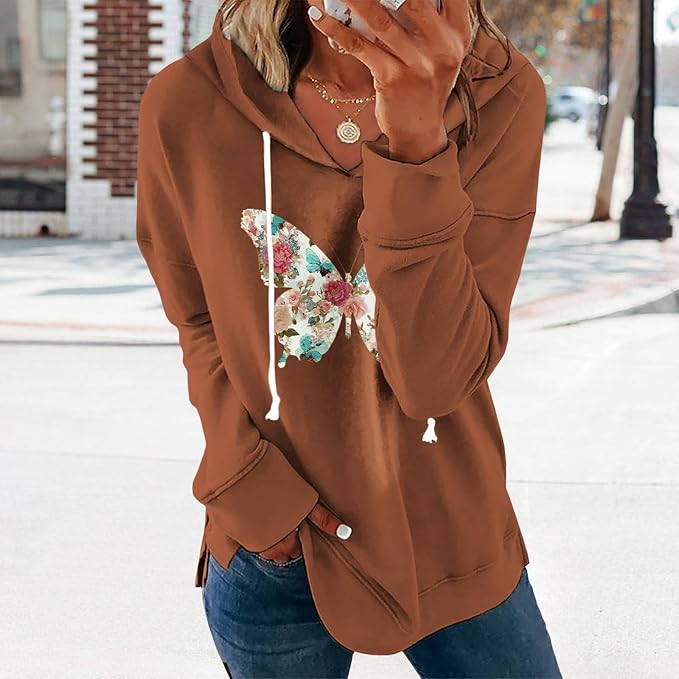 Women's Brown Mandala Print Hoodie Long Sleeve Loose Fit Tunic Top with Drawstring Side Split for Fall Winter